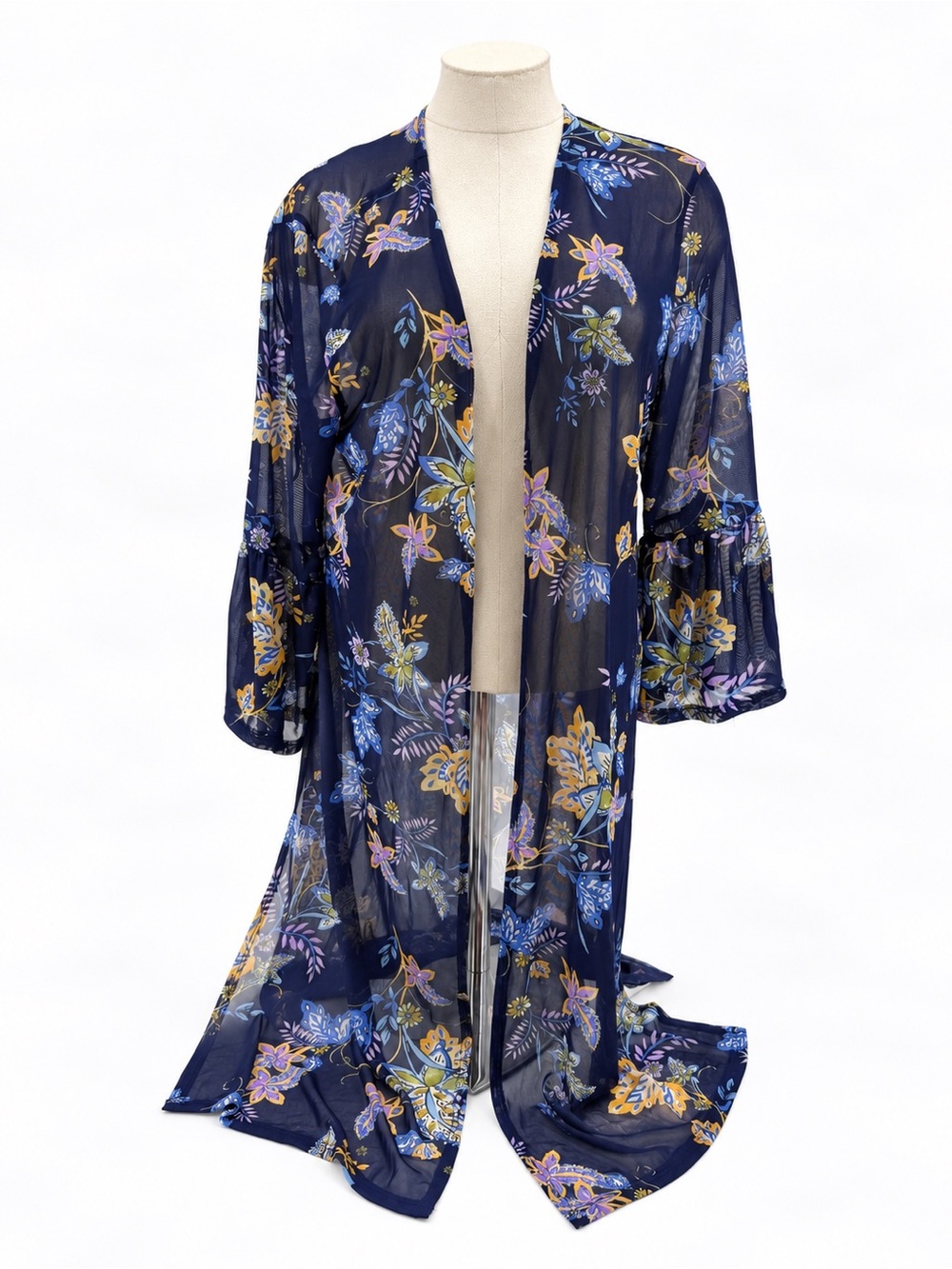 Joie de Vivre XL Navy Floral Mesh Duster Cardigan Sheer Long Kimono